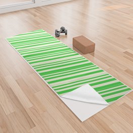 [ Thumbnail: Beige & Lime Green Colored Lined Pattern Yoga Towel ]