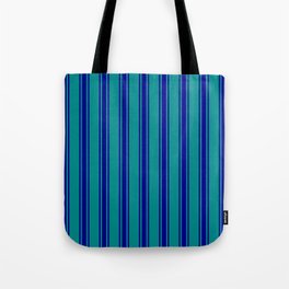 [ Thumbnail: Dark Cyan & Dark Blue Colored Lines/Stripes Pattern Tote Bag ]