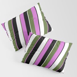 [ Thumbnail: Dark Olive Green, Orchid, Black & White Colored Lined/Striped Pattern Pillow Sham ]