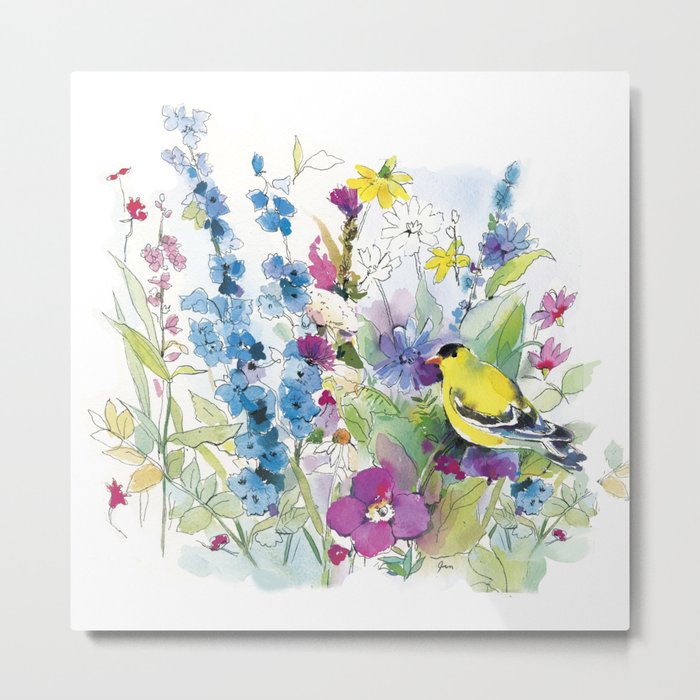yellow bird and wildflowers Metal Print