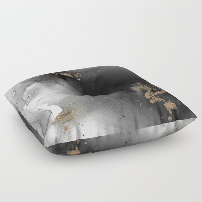 Black and Gold Abstract Watercolor Painting Monochrome Nebula Floor Pillow