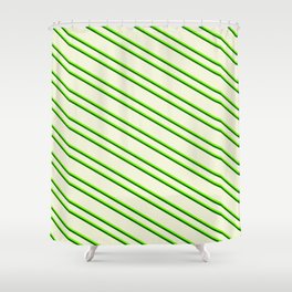 [ Thumbnail: Beige, Green & Dark Green Colored Pattern of Stripes Shower Curtain ]