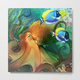 Octopus and Blue Tang (tropical coral reef) ~! Metal Print | Fish, Reef, Watercolor, Digital, Blue, Snorkel, Squid, Aquarium, Scuba, Bluetang 