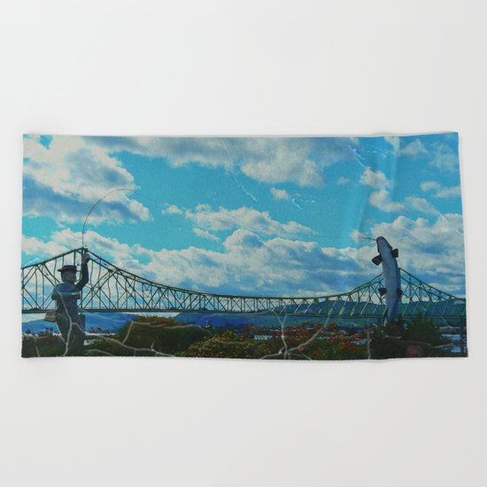 Aged Angler and Fish at the Campelton Bridge Beach Towel