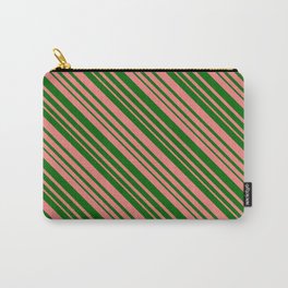 [ Thumbnail: Dark Green & Light Coral Colored Lined/Striped Pattern Carry-All Pouch ]