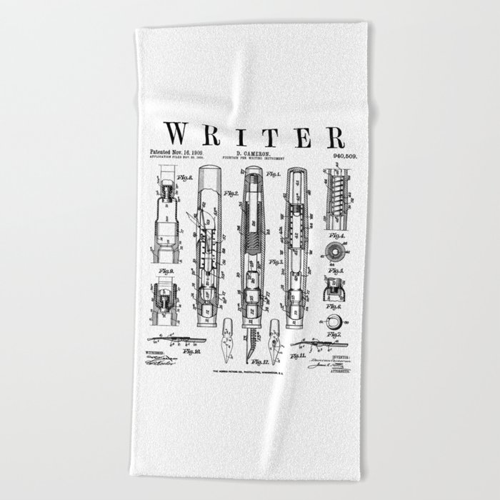 Writer Author Novelist Fountain Pen Bookish Vintage Patent Beach Towel