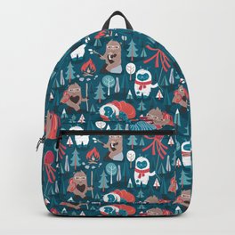 Besties // blue background white Yeti brown Bigfoot blue pine trees red and coral details Backpack