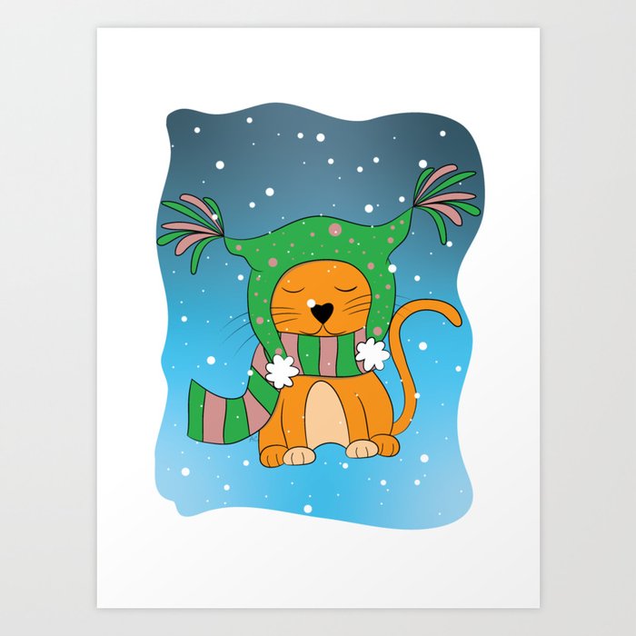 Ginger cat in the snow Art Print