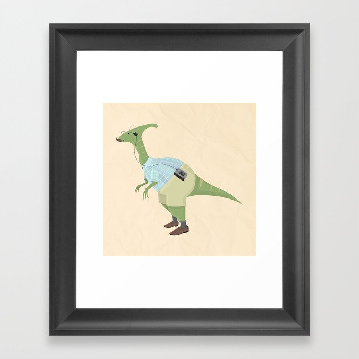 Hipster Dinosaur jams to some indie tunes on his walkman Framed Art Print