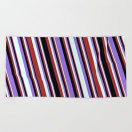 [ Thumbnail: Purple, Light Cyan, Brown, and Black Colored Striped/Lined Pattern Beach Towel ]