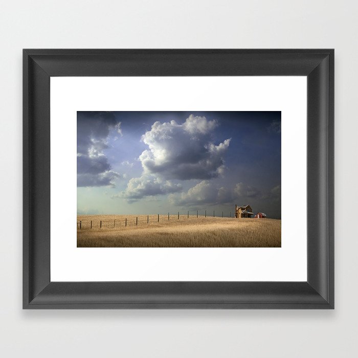 Fence Row and Farm under a Cloudy Sky on the Prairie Framed Art Print
