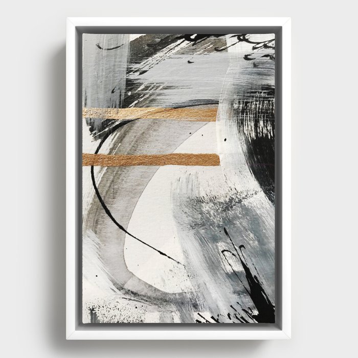 Armor [7]: a bold minimal abstract mixed media piece in gold, black and white Framed Canvas