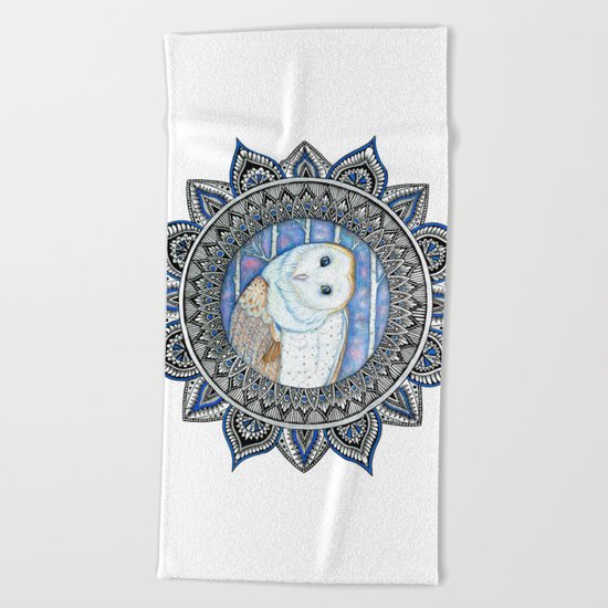 Winter Barn Owl Mandala Beach Towel