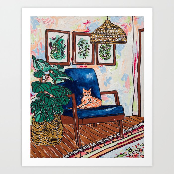 Ginger Cat on Blue Mid Century Chair Painting Art Print by Lara