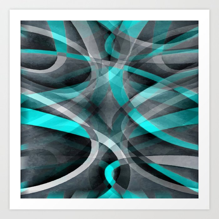 Eighties Turquoise On Grey Abstract Curve Pattern Art Print
