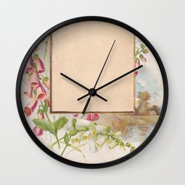 Frame with foxglove flowers and a tiny landscape  Wall Clock