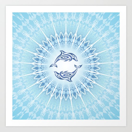 Dolphins Mandala Blue Art Print