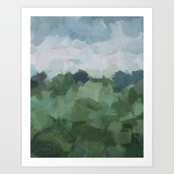 Windy Day on the Farm - Sky Blue and Sage Green Abstract Painting, Modern Rural Country Rustic Art Print
