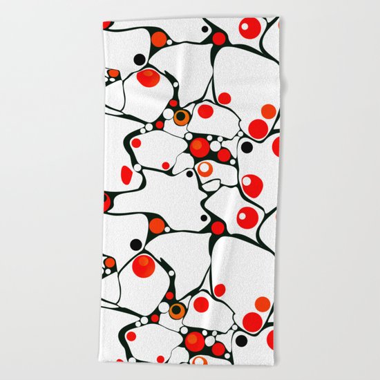 Abstract black and white pattern with red polka dots . Beach Towel