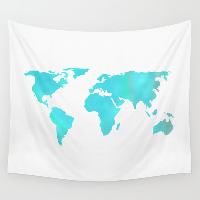 World Map - Turquoise Green Emerald Pool on White Wall Tapestry