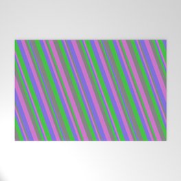 [ Thumbnail: Medium Slate Blue, Lime Green, Gray, and Orchid Colored Lined Pattern Welcome Mat ]