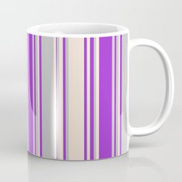 [ Thumbnail: Grey, Dark Orchid & Beige Colored Stripes/Lines Pattern Coffee Mug ]