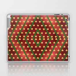 Gold Hearts on a Red Shiny Background with Green Diamond Lines Laptop Skin