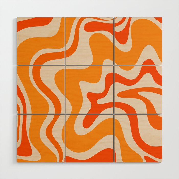 Retro Liquid Swirl Abstract Pattern in 70s Orange and Beige Wood Wall Art