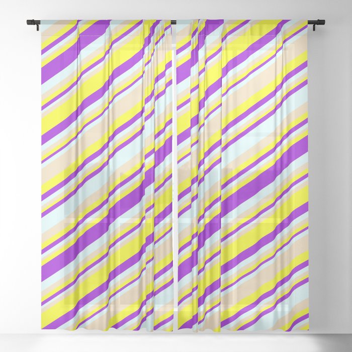Tan, Yellow, Dark Violet & Light Cyan Colored Striped Pattern Sheer Curtain