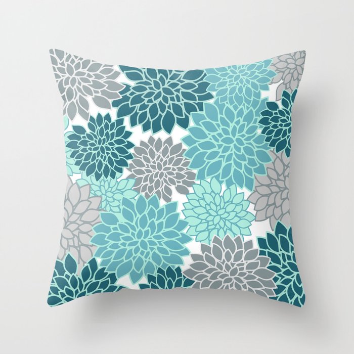 Dahlia Floral Blooms in Teal and Gray Throw Pillow
