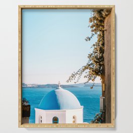 Blue Chapel on Santorini | Seaside over the White Buildings of the Cycladic Island in Greece | Travel Photography Fine Art Serving Tray