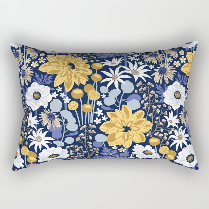 Boho garden // oxford navy blue background background very peri pastel blue yellow ivory and white flowers  Rectangular Pillow