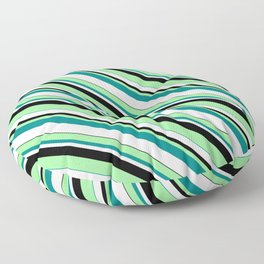 [ Thumbnail: Green, Teal, Mint Cream & Black Colored Lined Pattern Floor Pillow ]