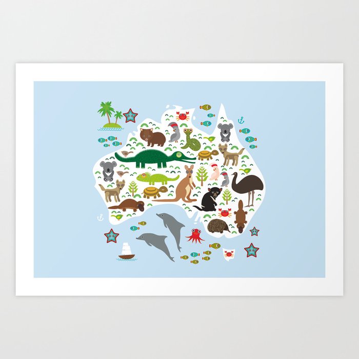 Map Of Australia Echidna Platypus Emu Tasmanian Devil Cockatoo Wombat Crocodile Kangaroo Dingo Art Print By Ekaterinap Society6