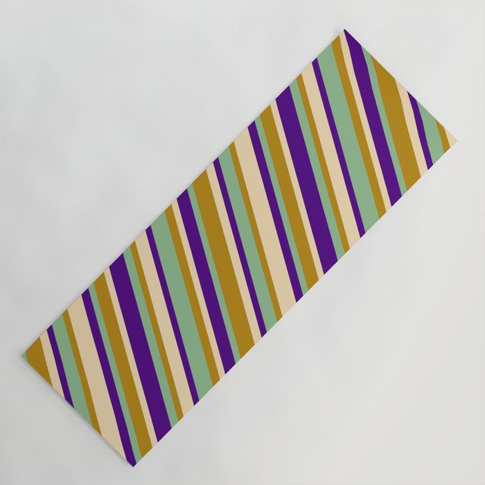 Tan, Indigo, Dark Sea Green, and Dark Goldenrod Colored Stripes/Lines Pattern Yoga Mat