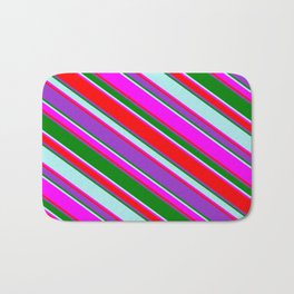 [ Thumbnail: Eyecatching Fuchsia, Red, Dark Orchid, Green & Turquoise Colored Lined Pattern Bath Mat ]