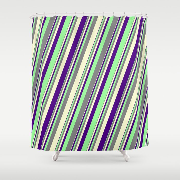 Grey, Light Yellow, Indigo, and Green Colored Lines/Stripes Pattern Shower Curtain