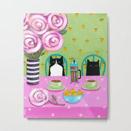 French Press Coffee Cats Metal Print | Folkart, Acrylic, Pinkandgreen, Tuxedocat, Coffeecats, Cafetiere, Frenchpress, Flowers, Floral, Cat 