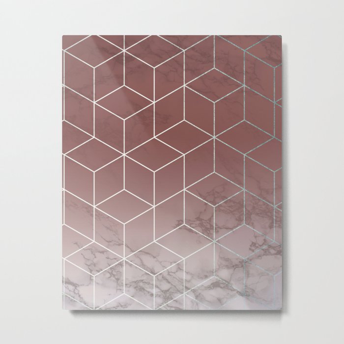 Geometric Cubes Deep Pink on Marble Metal Print