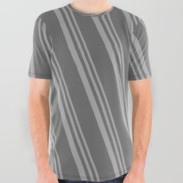 [ Thumbnail: Dark Grey & Dim Grey Colored Lines Pattern All Over Graphic Tee ]