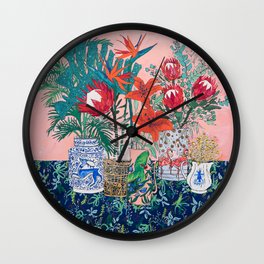 The Domesticated Jungle - Floral Still Life Wall Clock | Tropical, Summer, Lily, Floral, Laraleemeintjes, Parrot, Livingcoral, Protea, Curated, Flowers 
