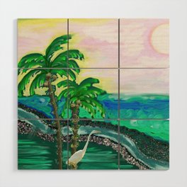 Tropical Ocean View with Egret Wood Wall Art