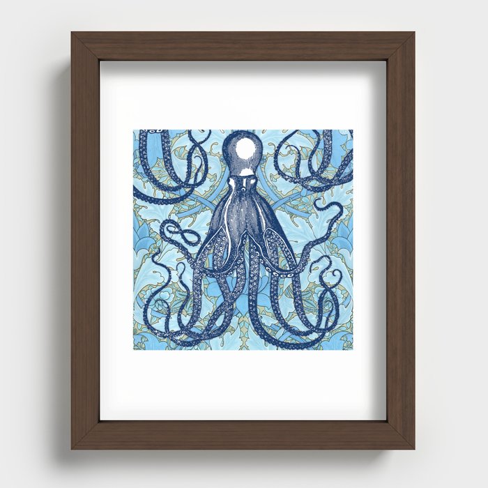 Antique Octopus on William Morris Floral Recessed Framed Print