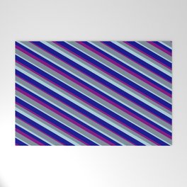 [ Thumbnail: Light Slate Gray, Light Blue, Dark Blue, and Purple Colored Lines/Stripes Pattern Welcome Mat ]