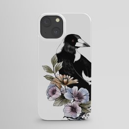 Magpie bird black and white and flowers iPhone Case