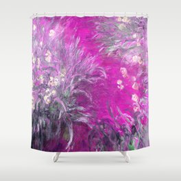 The Path through the Irises floral iris landscape painting by Claude Monet in alternate lavender pink Shower Curtain