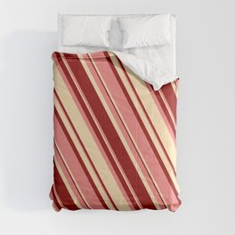 [ Thumbnail: Light Coral, Beige, and Dark Red Colored Lines Pattern Comforter ]