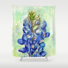 Texas Bluebonnets - Blue and green wildflower art Shower Curtain