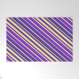 [ Thumbnail: Purple, Dark Slate Blue, and Tan Colored Striped Pattern Welcome Mat ]
