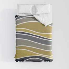 Retro Wavy Lines Pattern Navy Blue, Grey, Mustard Yellow and White Duvet Cover